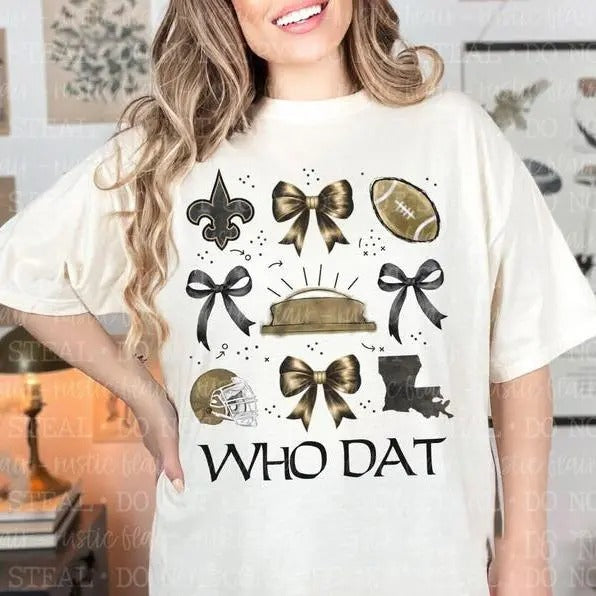 New Orleans Saint Tshirt, Football Shirt, Super Dome Tee, Football Gift For Women,Coquette Bow Shirt, Black Gold Tee...