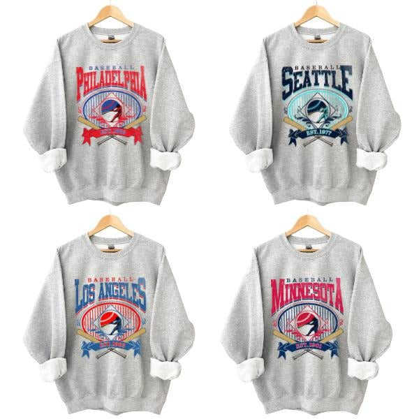 New Retro Style Varsity All Team Baseball Crewneck Sweatshirt - Gildan Ash Grey, Long Sleeve, Medium Clothing Length