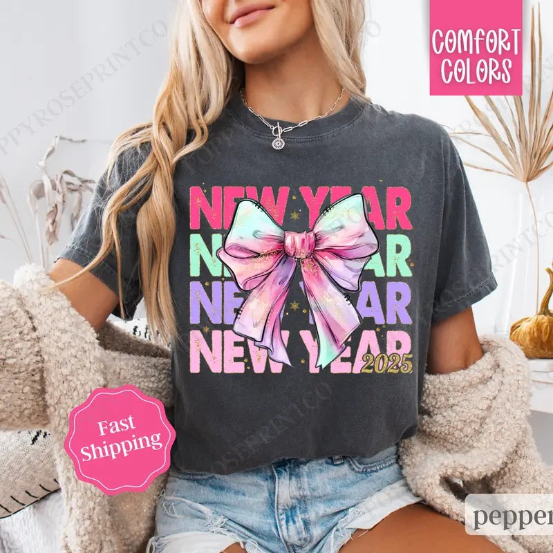 New Year Bow Shirt, NYE 2025 Tee,  Happy New Year Tshirt Hoodie Sweatshirt | PrintMintTees.com