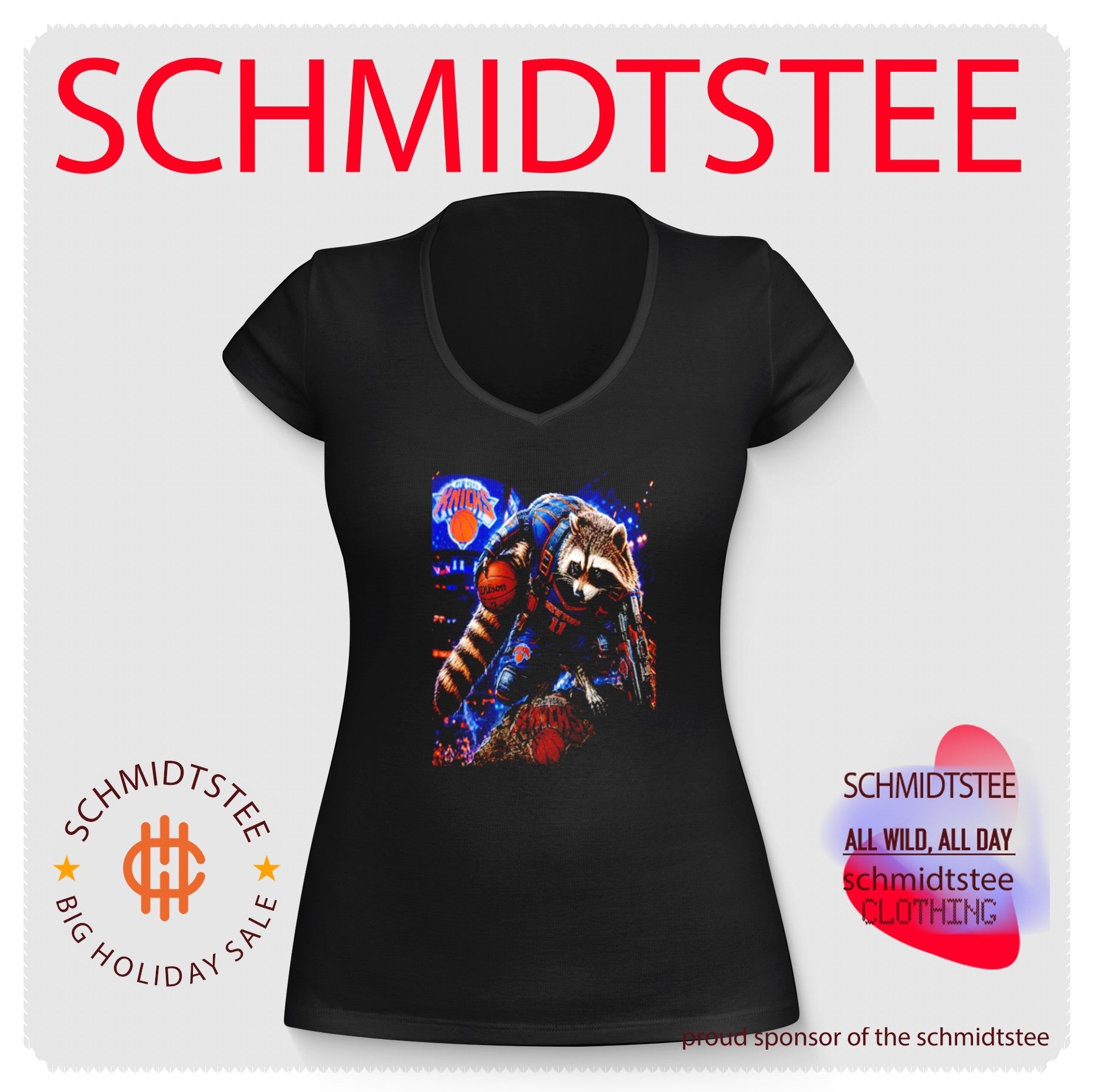 New York Knicks Rocket Raccoon playing basketball graphic shirt