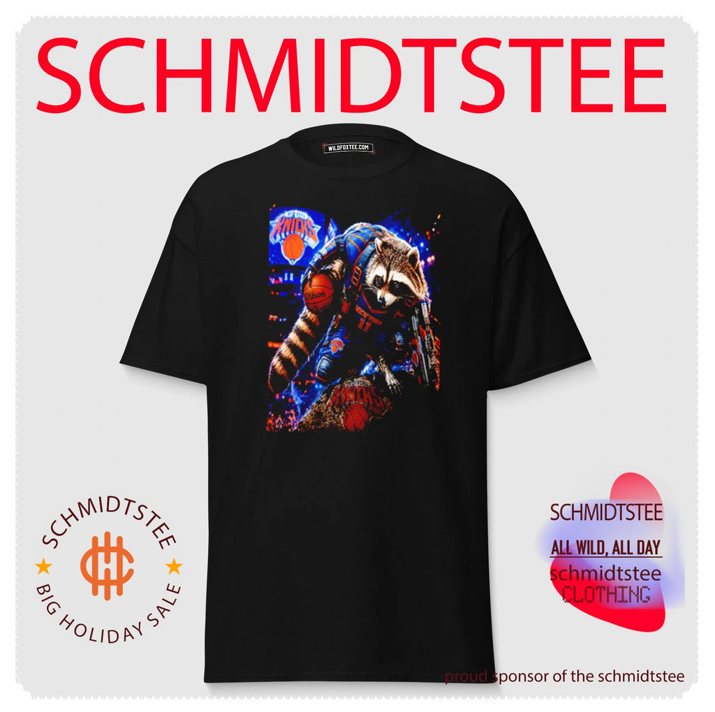 New York Knicks Rocket Raccoon playing basketball graphic shirt