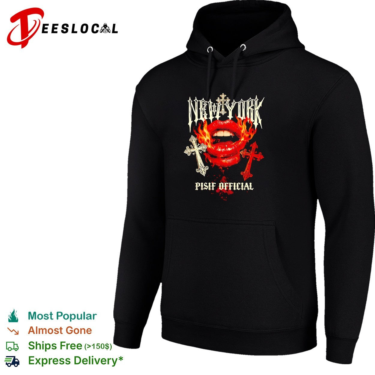 New York Pisif Official fire lips cross skull shirt