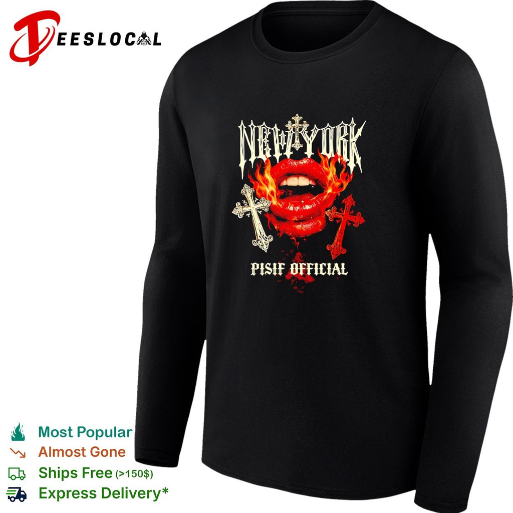 New York Pisif Official fire lips cross skull shirt