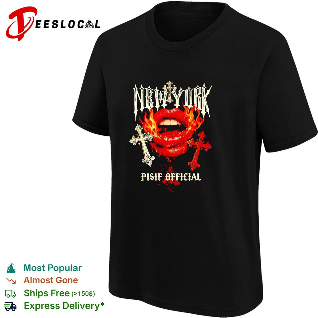 New York Pisif Official fire lips cross skull shirt