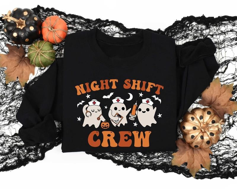 Night Shift Crew Halloween Nurse Sweatshirt, Retro Spooky Nurse Sweater, Registered Nurse Sweatshirt, Nursing School...
