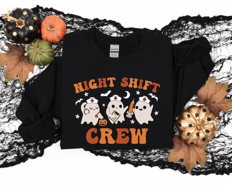 Night Shift Crew, Halloween Nurse Sweatshirt, Retro Spooky Nurse Shirt, Registered Nurse Sweater, Nursing School Shirt,...