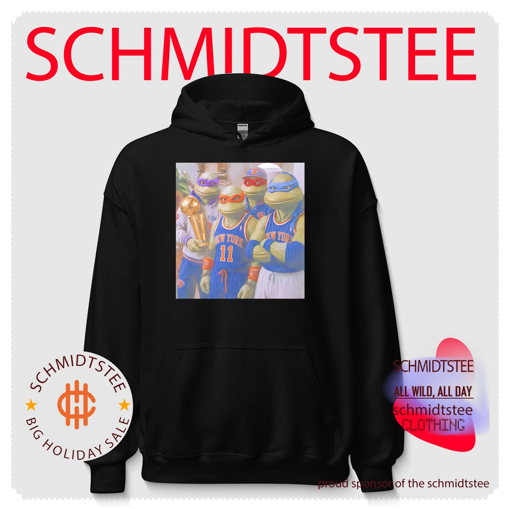 Ninja Turtles wearing New York Knicks jersey holding trophy illustrated shirt