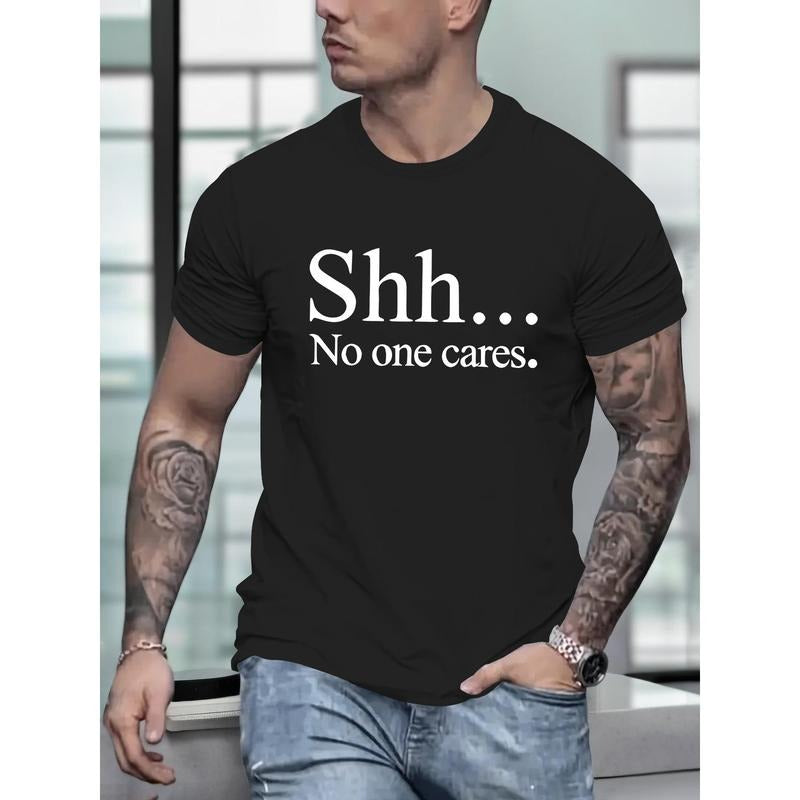 No One Cares Print Tee Shirt, Tees For Men, Casual Short Sleeve T-shirt For Summer Made in USA Hoodie Sweatshirt