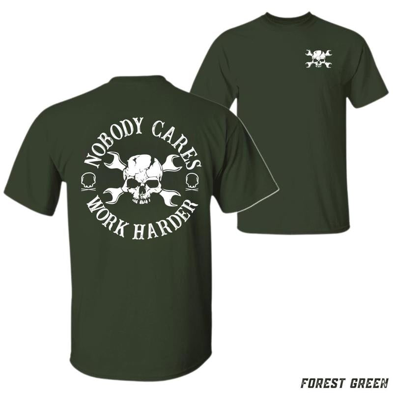 Nobody Cares Work Harder T-shirt - Bold Skull And Cross Wrenches Design 100% Cotton Casual Crew Neck Short Sleeve Unisex...
