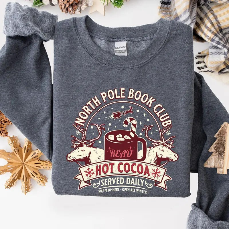 North Pole Book Club, Reading, Christmas, Santa, Reindeer, Winter, Xmas Sweatshirt, Women's Crew Neck, Crewneck Shirt Hoodie