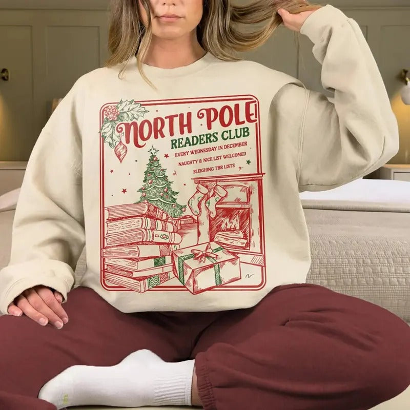 North Pole Readers Club Sweatshirt, North Pole Book Club Christmas T-Shirt, Bookworm Holiday Tee Shirt, Bookish Christmas...
