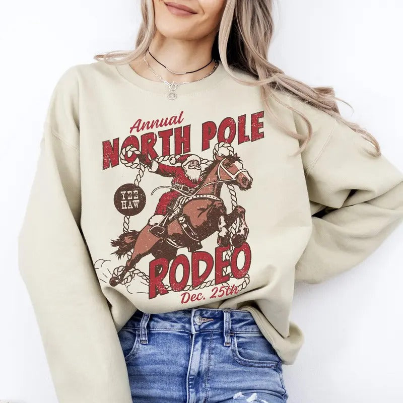 North Pole Rode, Santa, Christmas, Western, Cowboy, Yee Haw, Horse Sweatshirt, Crew Neck, Women's, Crewneck Shirt Hoodie