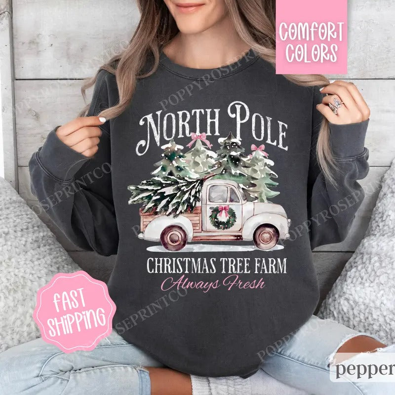 North Pole Tree Farm Comfort Colors Sweatshirt, Christmas Sweater Womenswear, Holiday Crewneck Shirt Hoodie