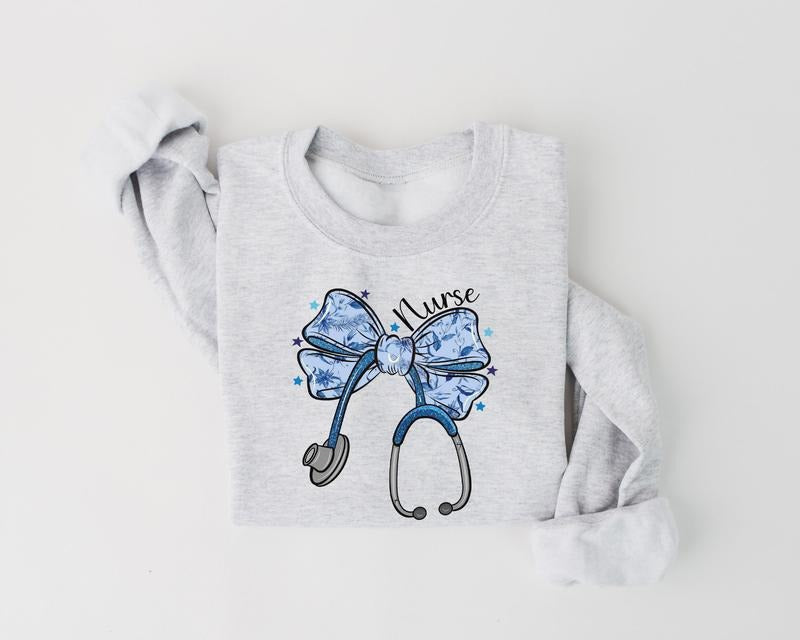 Nurse Bow Sweatshirt, Coquette Bow Nurse Crewneck, Shirt Gift For Women, Nurse Floral Sweatshirt, RN ER Sweatshirt Hoodie