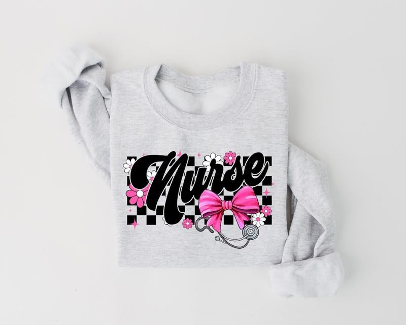 Nurse Checkered Coquette Bow Sweatshirt, Floral Nurse, Nursing Flower Shirt, Nurse Floral Groovy Graphic Tee Hoodie