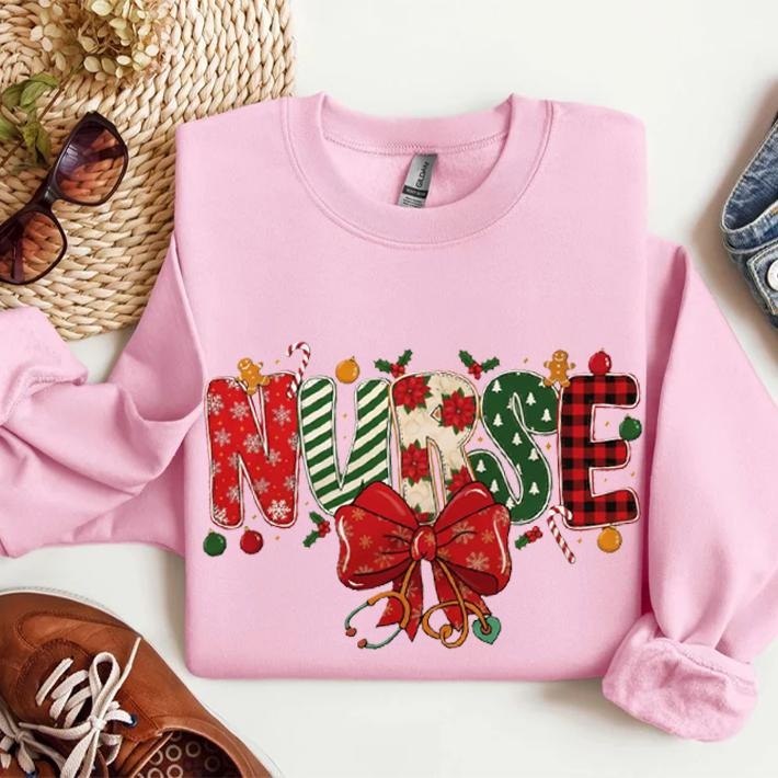 Nurse Coquette Christmas Sweatshirt and T-Shirt, Retro Holiday Nurse Top, Cute Preppy Bow Nurse Graphic, Cozy Xmas Nurse...