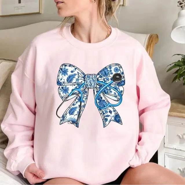 Nurse Stethoscope Chinoiserie Coquette Bow Sweater, Blue Ribbon Shirt for Nurses, Nurse Gift, Gift for Her Hoodie Sweatshirt