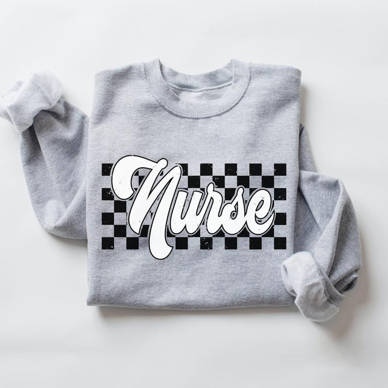 Nurse Sweatshirt, Checkered Nurse Sweatshirt, Retro Nurse Shirt, ER RN Shirt, Cute Nurse Shirt, Nursing Tee, Nurse...