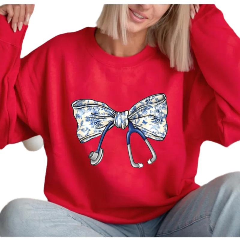 Nurse Toile Bow Sweatshirt, Stethoscope Bow Shirt, Nurse Coquette Hoodie, Gift For Nurse, Healthcare Professionals,...