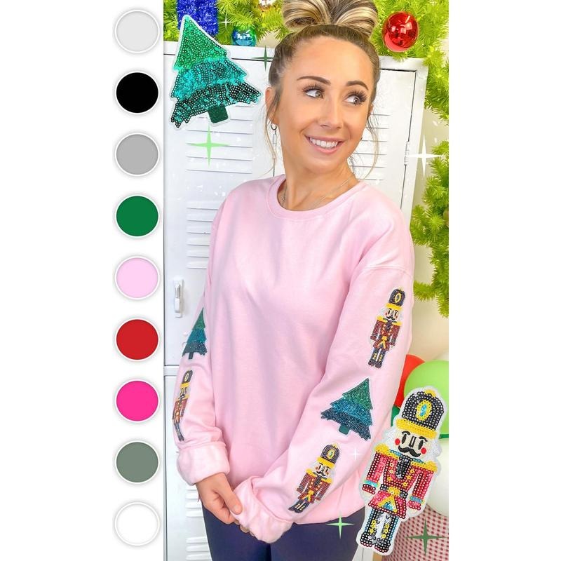 Nutcracker and Christmas Tree Sparkle Sleeve Graphic Sweatshirt Shirt Hoodie | PrintMintTees.com