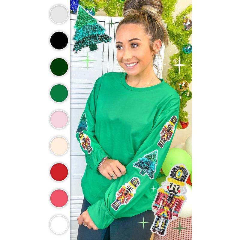 Nutcracker and Christmas Tree Sparkle Sleeve Long Sleeve Graphic T-Shirt Hoodie Sweatshirt | PrintMintTees.com