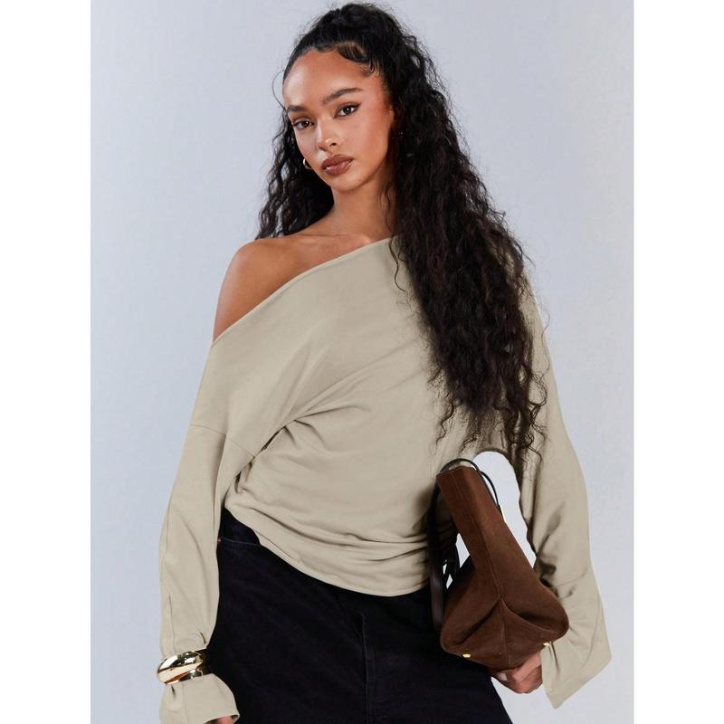 Off The Shoulder Long Sleeve Tops Going Out Asymmetrical Tops Y2k Cropped Sweatshirt Shirt Hoodie | PrintMintTees.com
