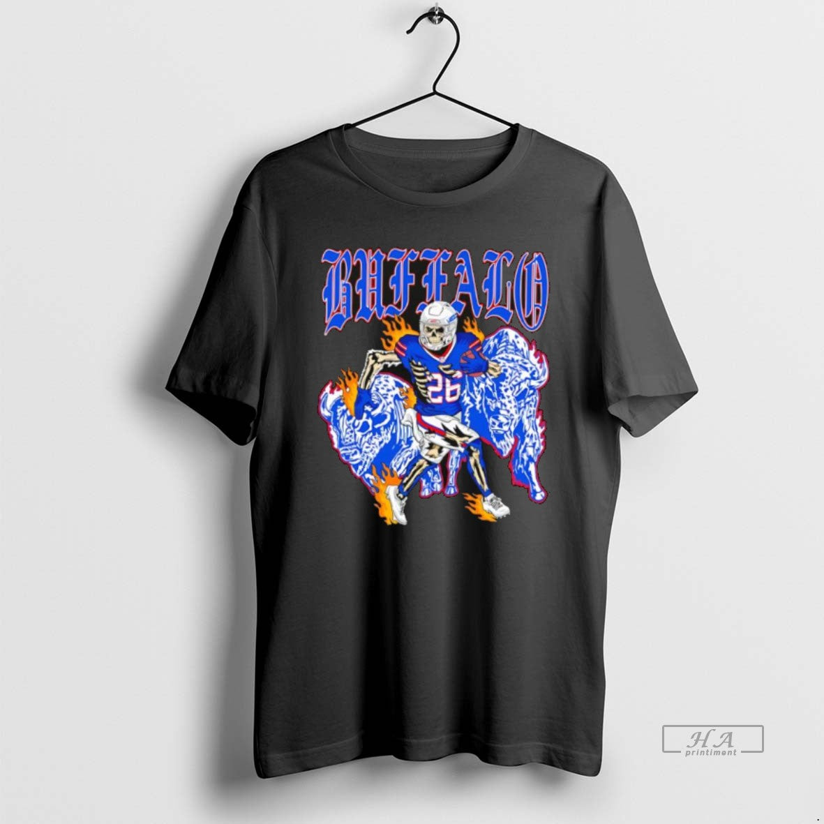 Official Buffalo Gothic Text Skeleton Football Player 26 Running Between Blue Bison On Fire T-Shirts, Hoodie, Sweatshirt