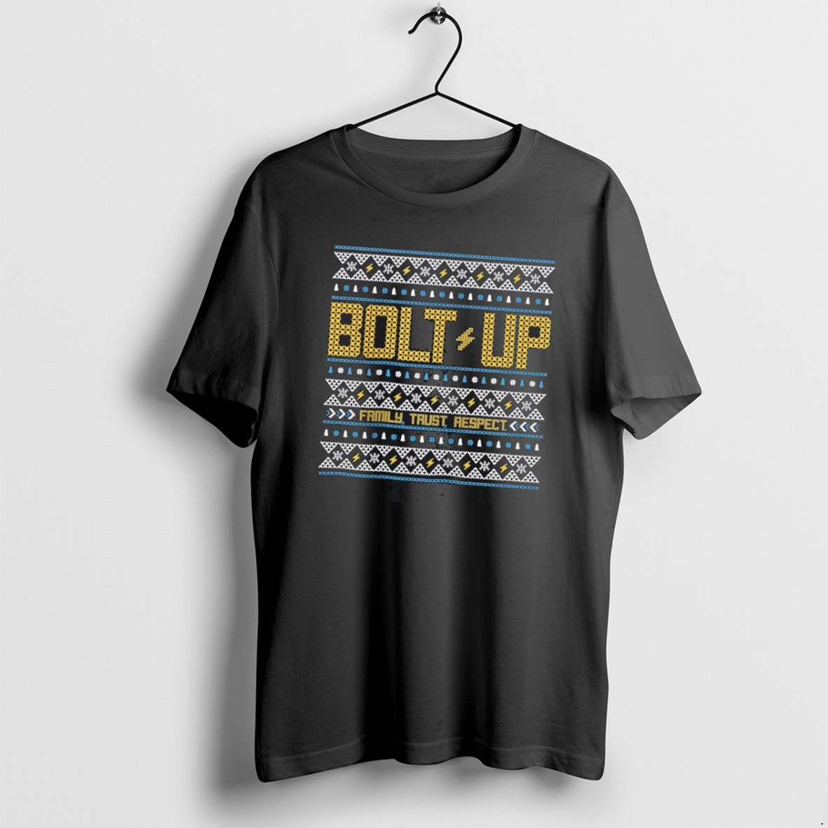 Official Los Angeles Chargers Bolt Up Family Trust Respect Ugly Christmas T-Shirts, Hoodie, Sweatshirt | PrintMintTees.com