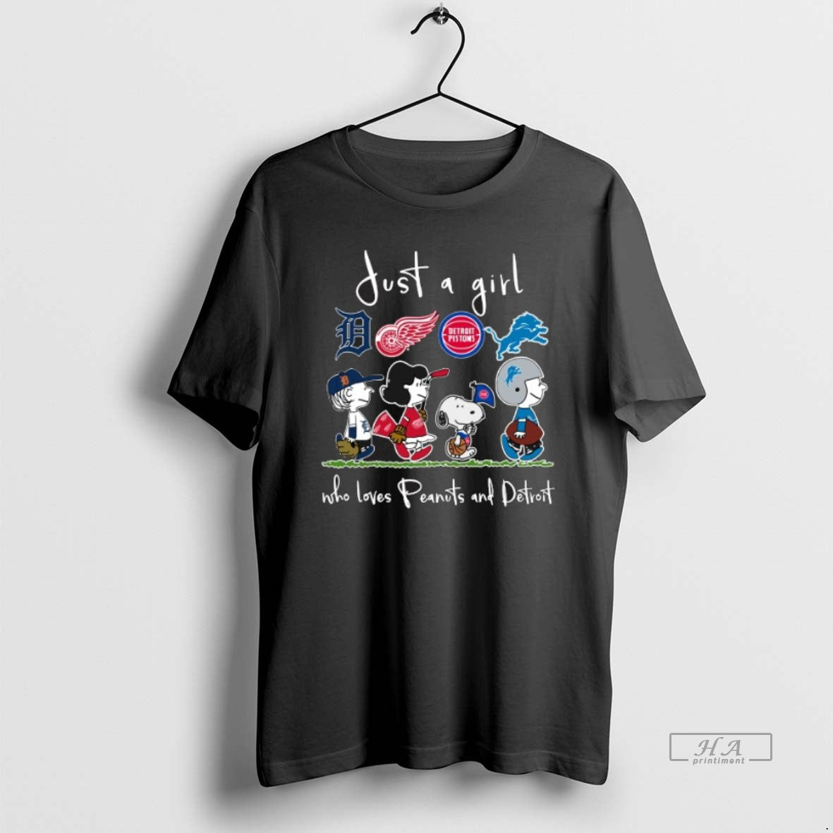 Official Trendy 2025 Just A Girl Who Loves Peanuts Characters And Detroit Sports Teams Tee
