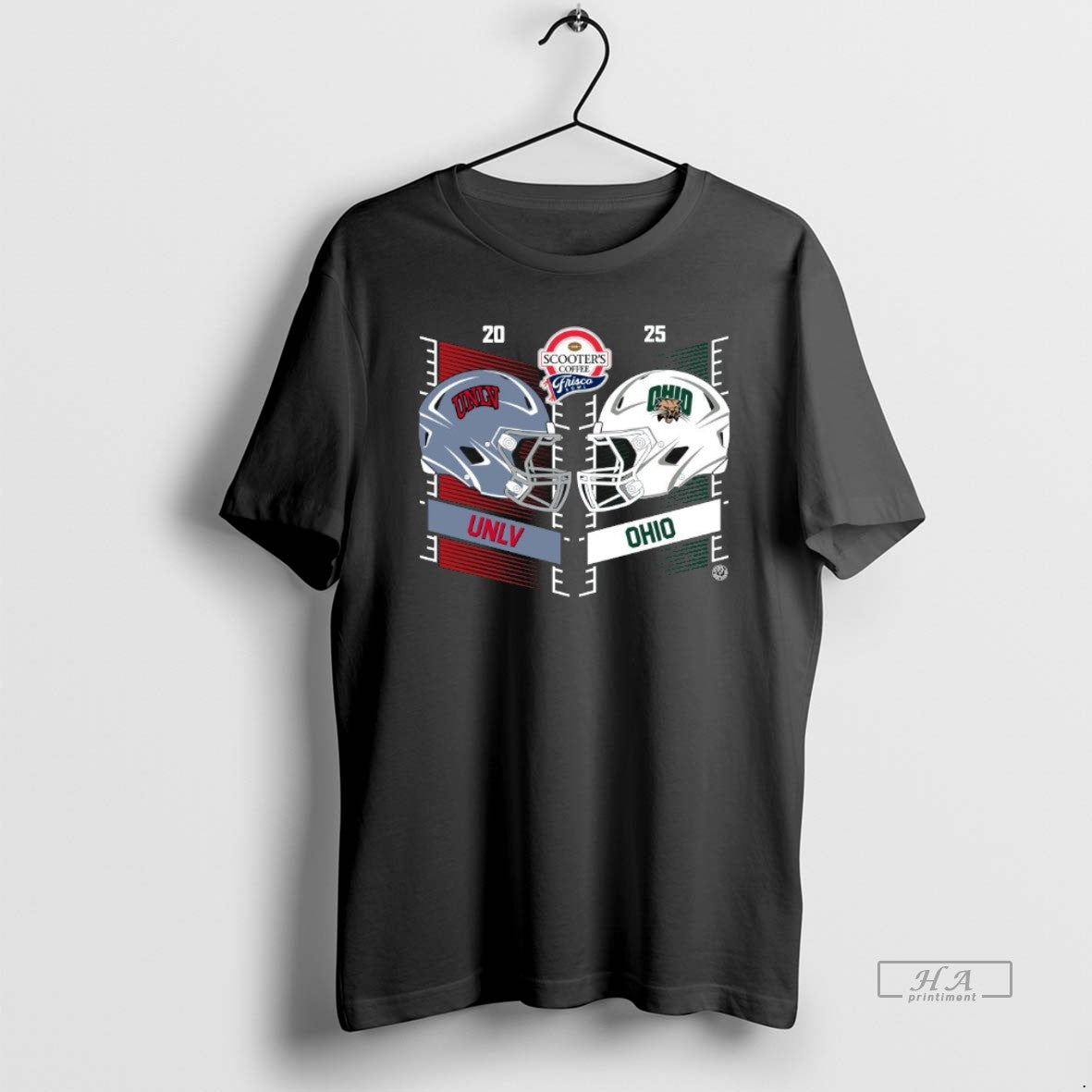Official Unlv Rebels Vs Ohio Bobcats 2025 Scooters Coffee Frisco Bowl Head To Head Helmet T-Shirts, Hoodie, Sweatshirt