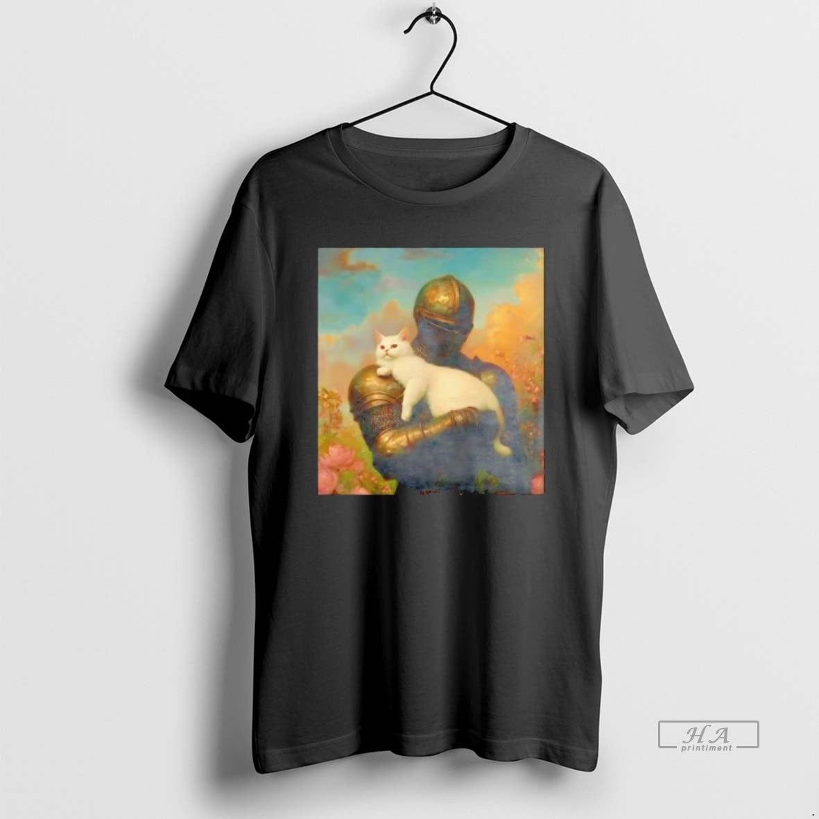 Official Warrior Knight Holding White Cat Behind Blue Sky T-Shirts, Hoodie, Sweatshirt | PrintMintTees.com