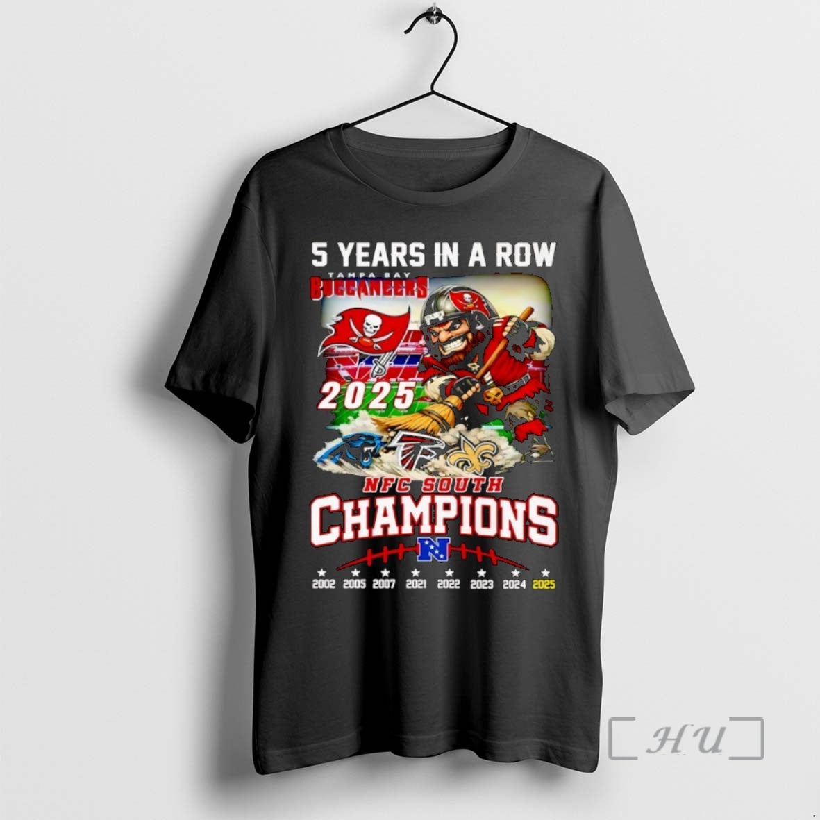 Officials 5 Years In A Row Tampa Bay Buccaneers 2025 Nfc South Champions Mascot Premium T-Shirts, Hoodie, Sweatshirt