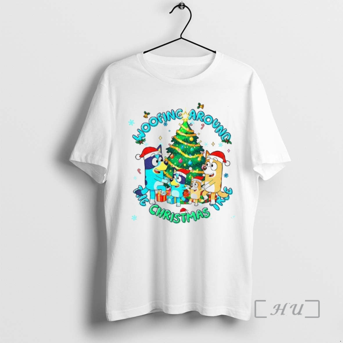 Officials Bluey Family Santa Hat Woofing Around The Christmas Tree Merry Christmas Premium T Shirts Hoodie, Sweatshirt