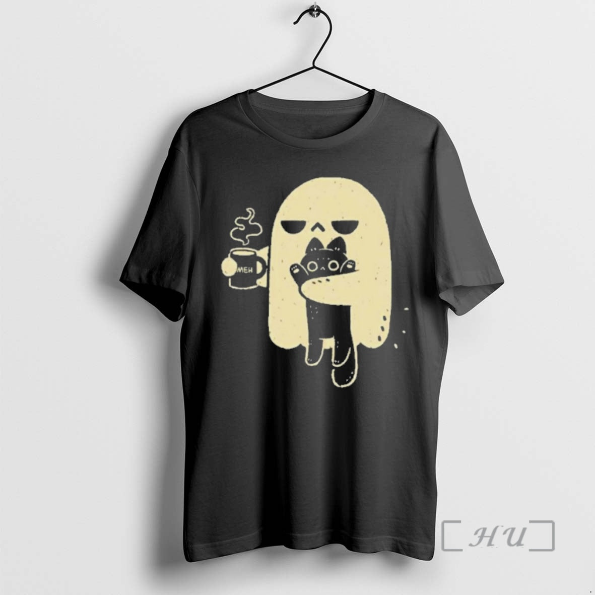 Officials Cute Ghost Meh Coffee Holding Cat T-Shirts, Hoodie, Sweatshirt | PrintMintTees.com