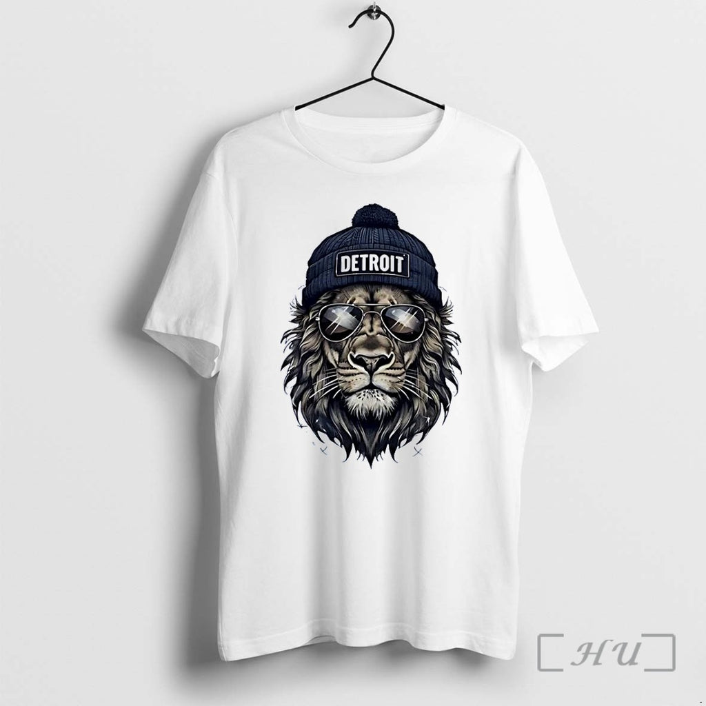 Officials Detroit Lion Wearing Sunglasses With Pom Pom Hat Winter Style White Premium T Shirts