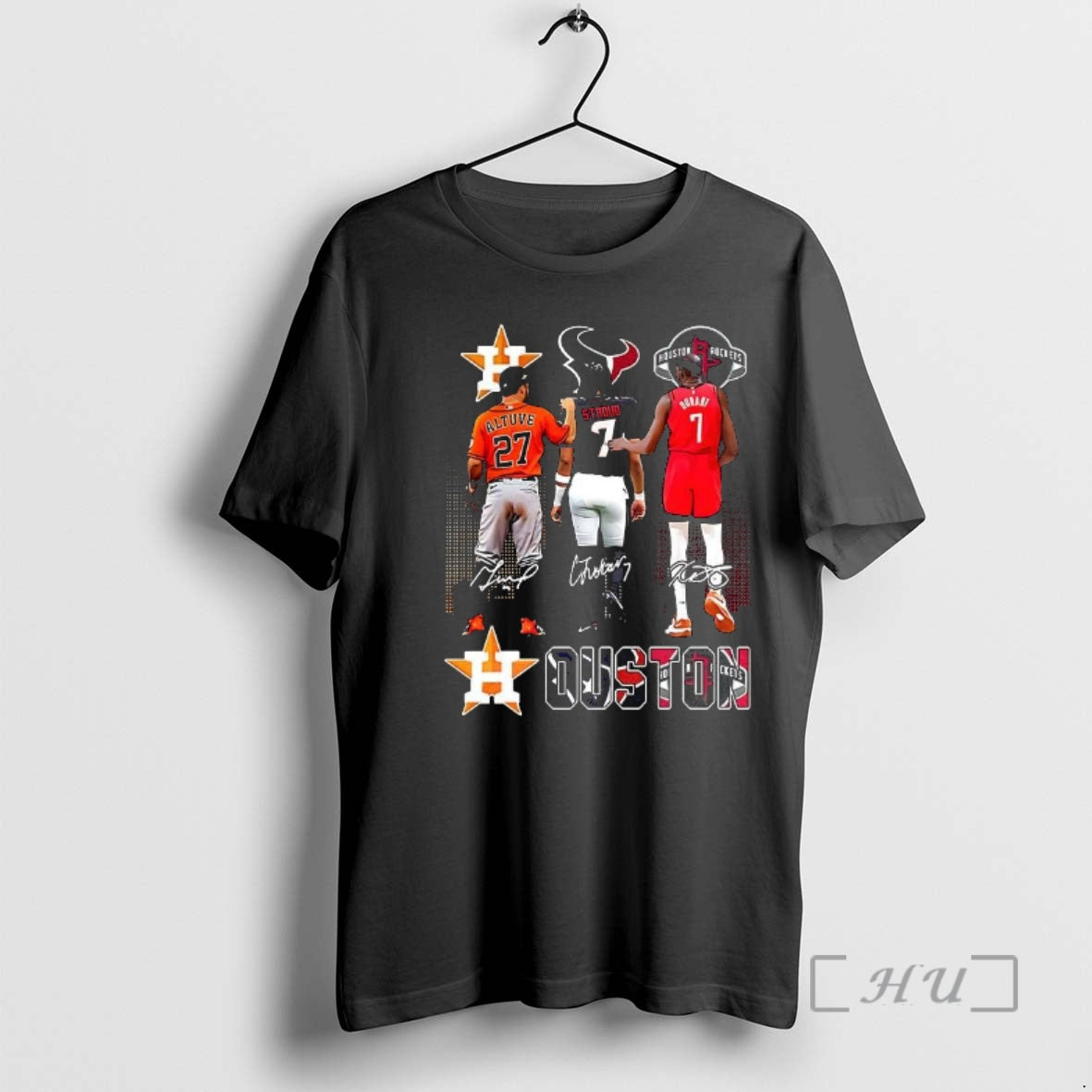 Officials Houston Sports Teams Astros Texans Rockets Logo And Player Signature Skyline Premium T Shirts Hoodie, Sweatshirt