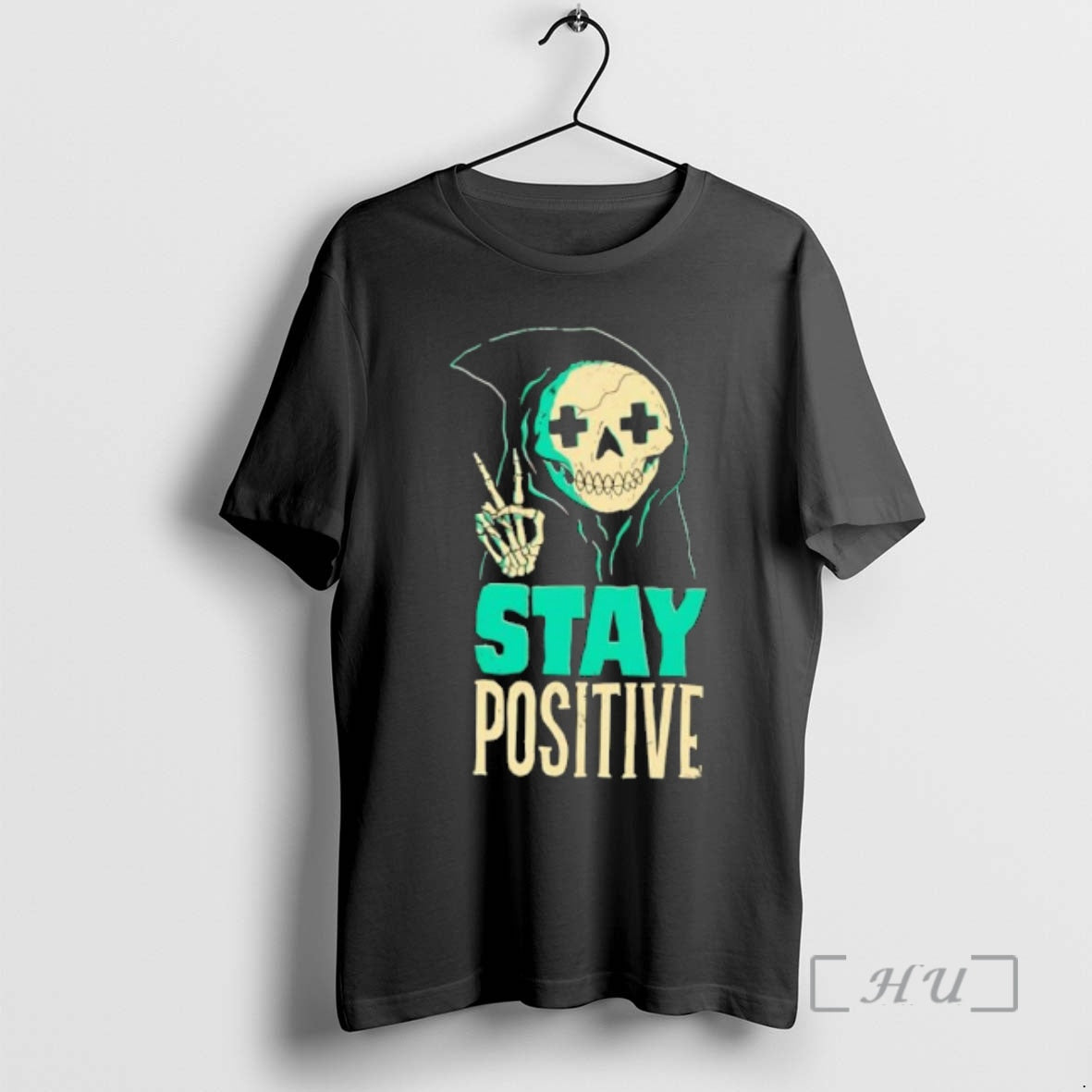 Officials Stay Positive Skeleton Reaper Making Peace Sign Skeleton Hand Gesture T-Shirts, Hoodie, Sweatshirt