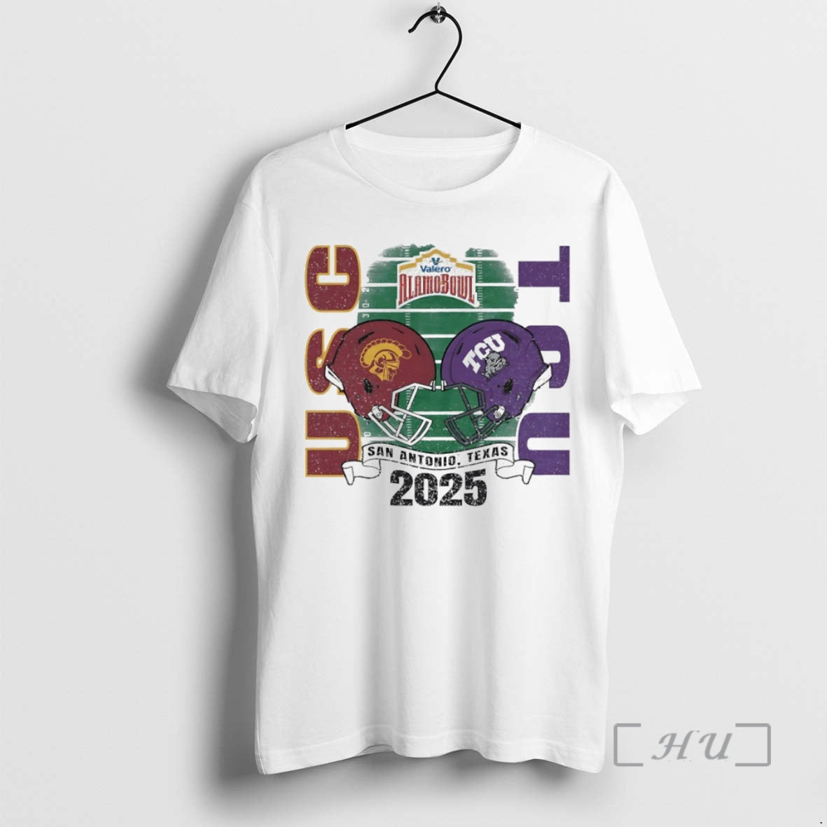 Officials Usc Trojans Vs Tcu Horned Frogs 2025 Alamo Bowl Helmet Circle Premium T Shirts Hoodie, Sweatshirt