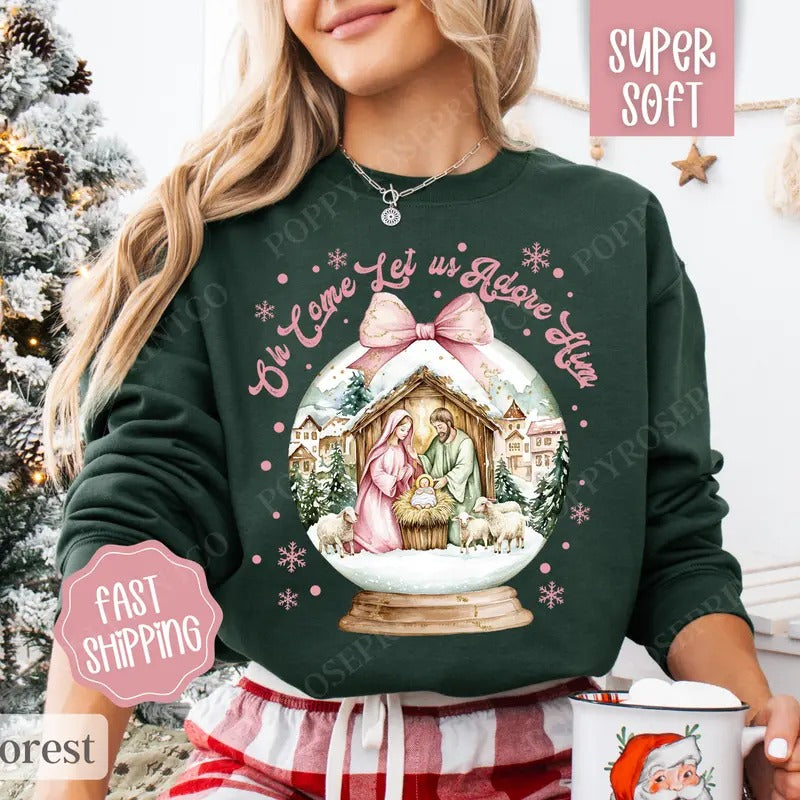 Oh Come Let Us Adore Him Sweatshirt, Christmas Sweater, Women's Holiday Crewneck Shirt Hoodie | PrintMintTees.com