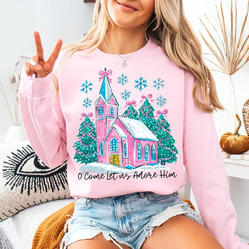 Oh Come Let Us Adore Him Sweatshirt, Coquette Bow Christmas Tree Shirt, Christmas Jesus, Christian Christmas, Xmas Tree...