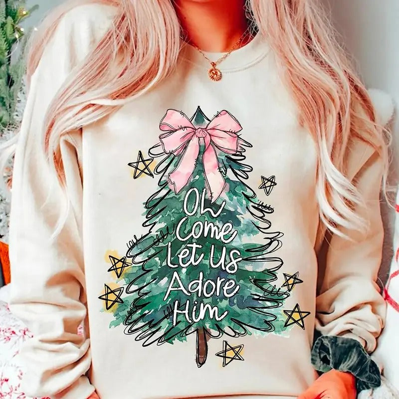 Oh Come Let Us Adore Him Sweatshirt, Jesus Christmas Shirt, Coquette Christmas Tree Sweater, Christian Christmas Hoodie,...