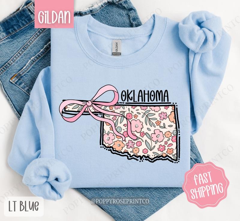 Oklahoma Floral Bow Gildan Sweatshirt, Cute Trendy State Coquette Pullover T-Shirts, Hoodie | PrintMintTees.com