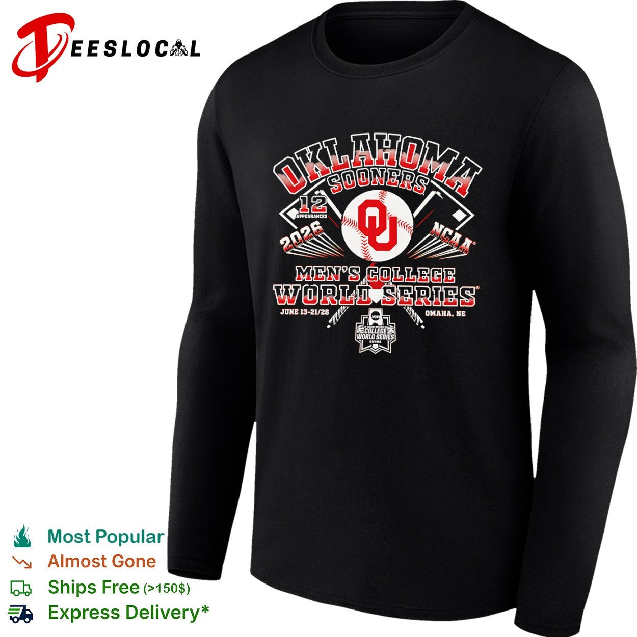 Oklahoma Sooners NCAA men college world series 2026 baseball appearance shirt