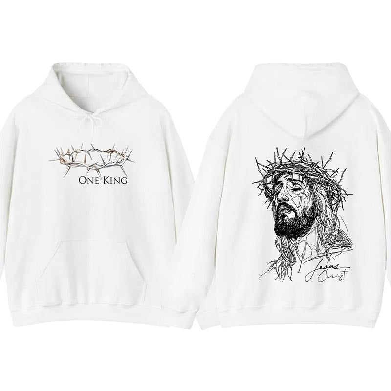 One King Jesus Crown Of Thorns 2 Sided Graphic Hoodie Fleece Fabric Casual Hooded Sweatshirt Trendy Tops Perfect Gift Shirt