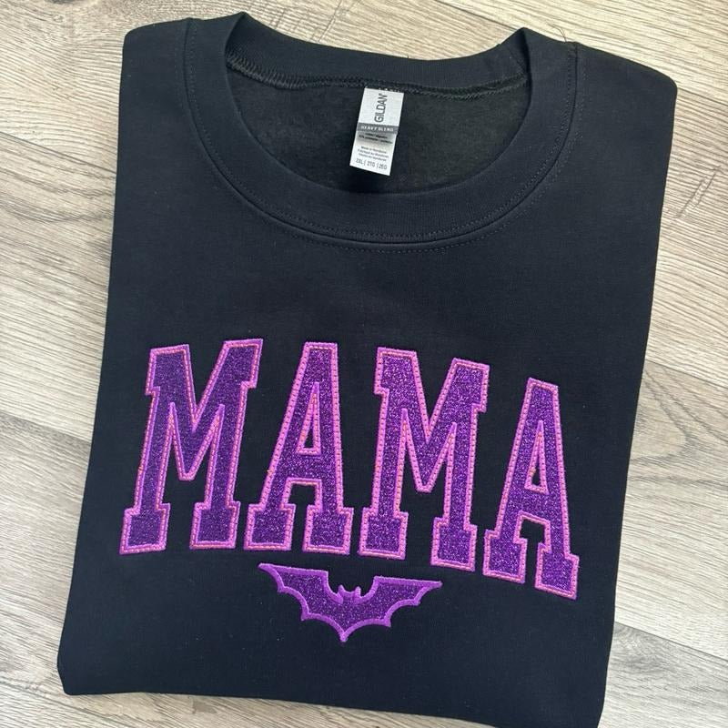 Black/Purple/Orange Mama Bat Spooky Season Embroidered Crewneck Sweatshirt Shirt Hoodie | PrintMintTees.com