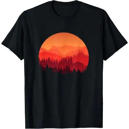 Orange Mountain and Forest Scene Silhouette Graphic T-Shirt Made in USA Hoodie Sweatshirt | PrintMintTees.com