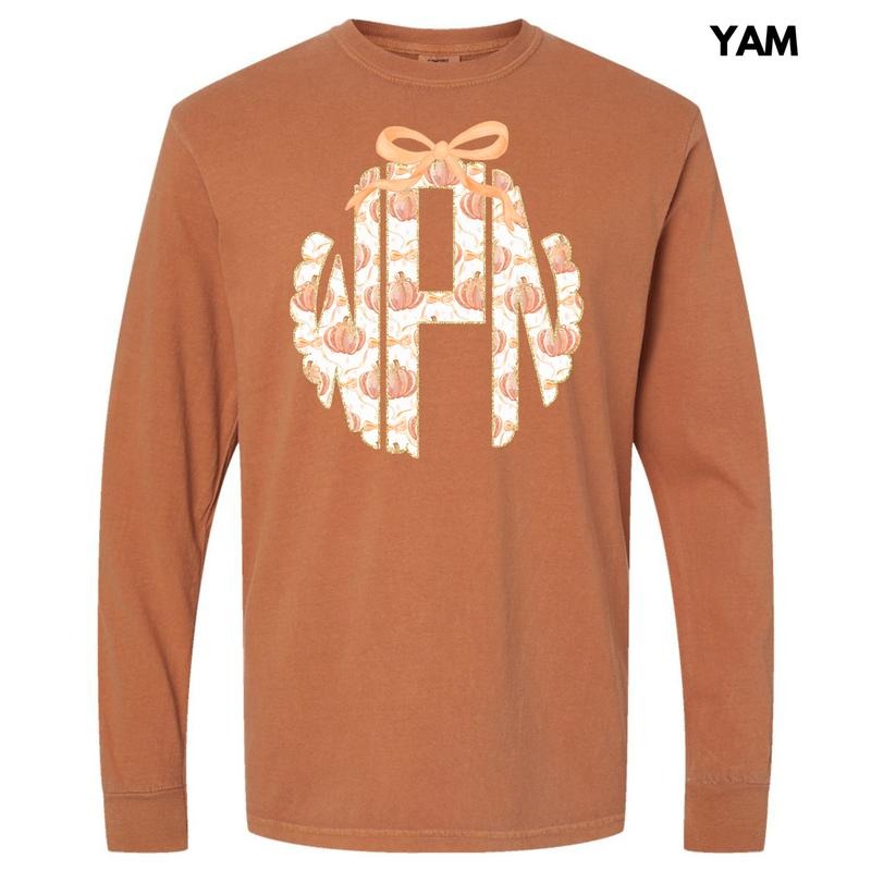 Orange Pumpkin Monogram Long Sleeve Comfort Colors T-Shirt 'NLB' Hoodie, Sweatshirt | PrintMintTees.com