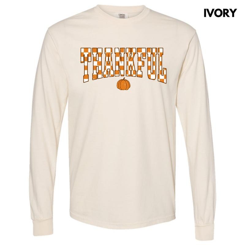 Orange Thankful Checkered  Long Sleeve Comfort Colors T-Shirt 'NLB' Hoodie, Sweatshirt | PrintMintTees.com