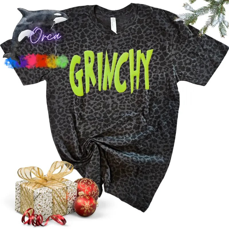 Orca Glitter Puff GRINCHY Black Leopard Unisex T-shirt ~ Christmas ~ Women Apparel Hoodie, Sweatshirt | PrintMintTees.com