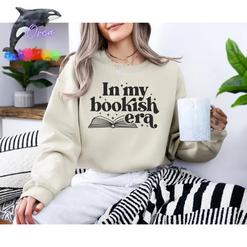 Orca ~ "IN MY BOOKISH ERA" Puff Unisex Sweatshirts ~ Book Lovers Shirt Womenswear Hoodie | PrintMintTees.com